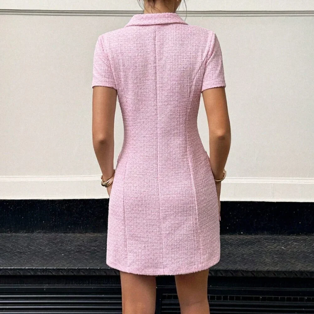 Baby Pink Elegant Women's tweed Short Sleeve Single-Breasted Mini Dress - Picture 4 of 7